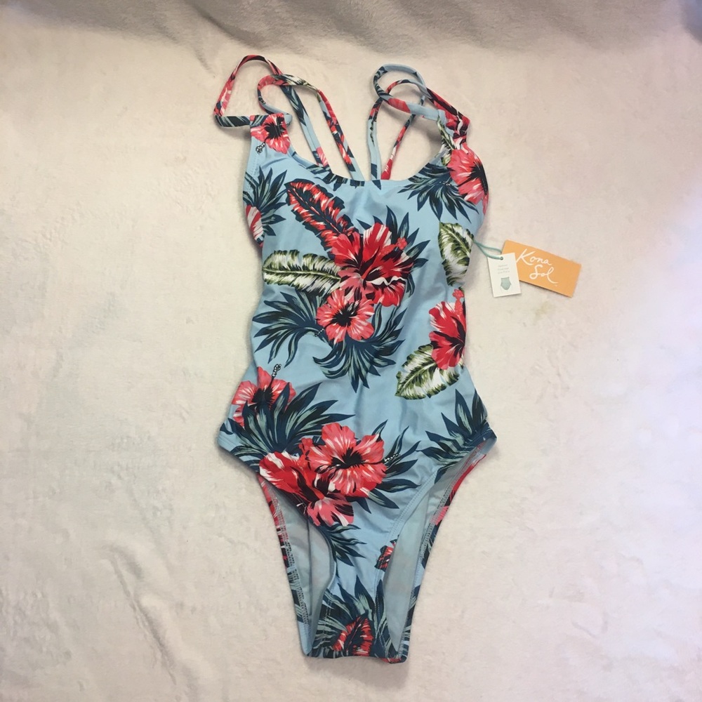 Kona Sol One Piece Swimsuit Womens XS Blue Floral Tropical Crisscross NWT